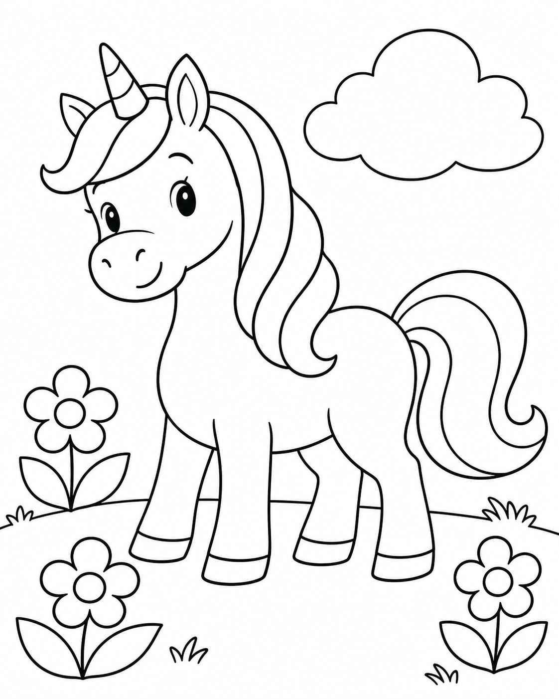 Original unicorn and flower meadow coloring page, ready for a little imagination.