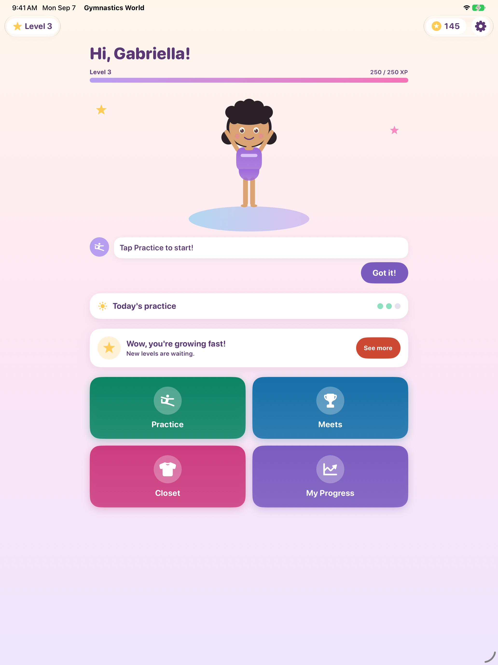 Gymnastics World V1 preview showing a customized gymnast, progress, and practice guidance.